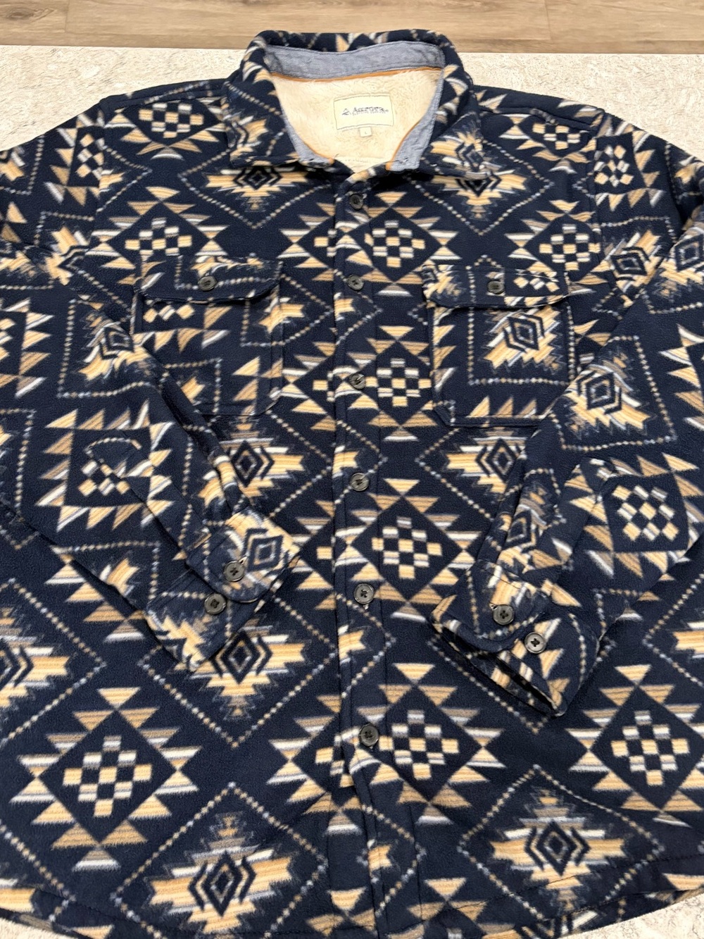 Aurora Men's Navy & Cream Patterned Lightweight Fleece Shirt Jacket-Large